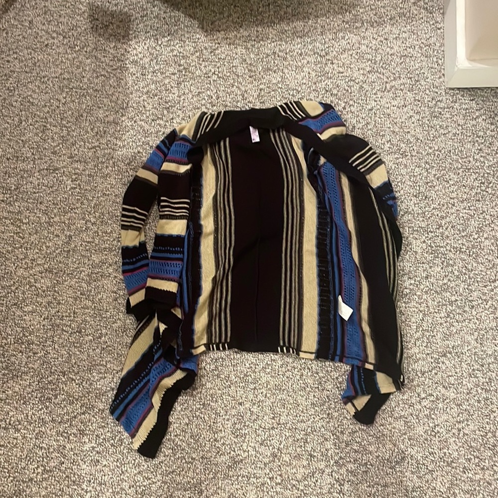 Black, beige, blue, and purple striped cardigan size medium